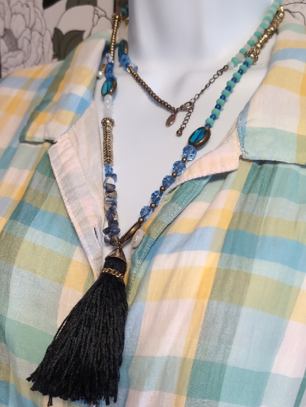 Charming Charlie Blue, Teal and Black Layered Tassel Necklace